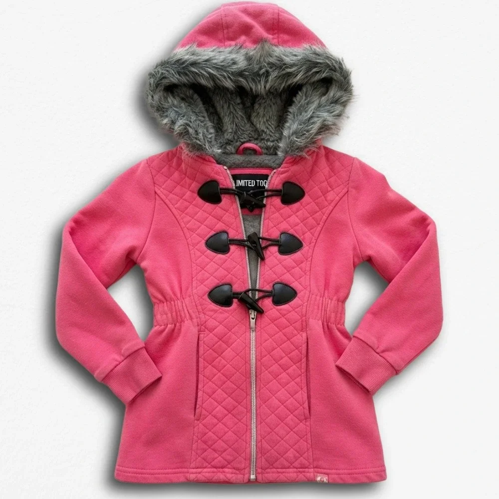 Limited Too Girls Pink Toggle Fleece Jacket Faux Fur Hood Sherpa Lined Size 7/8